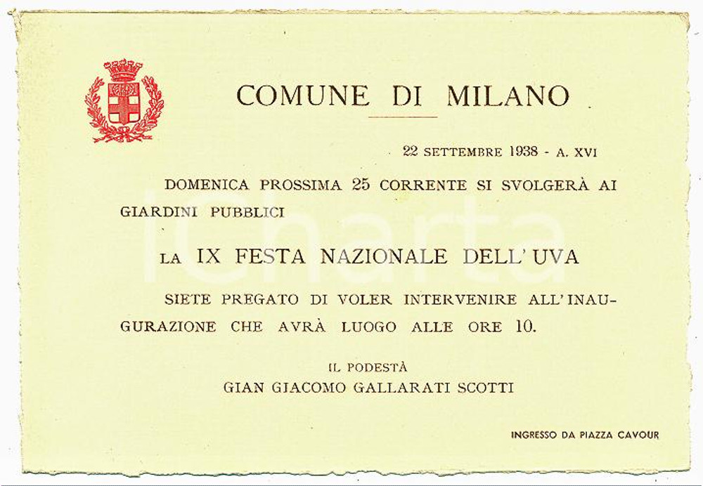 1938 MILANO Invito inaugurazione IX FESTA NAZIONALE DELL'UVA *Biglietto 17x12 cm