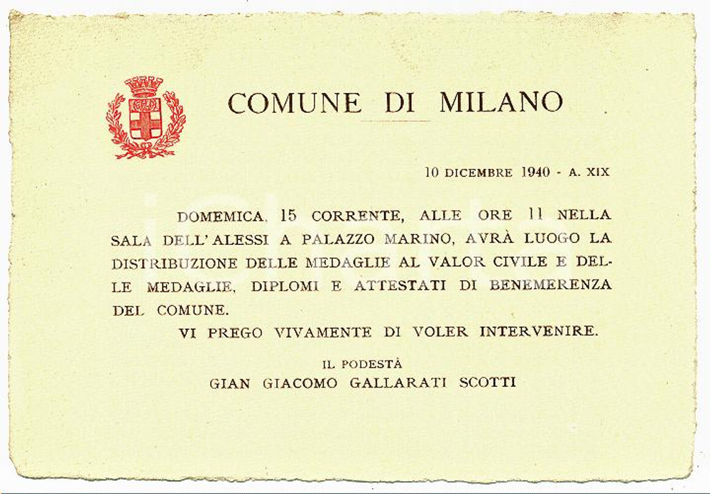 1940 MILANO - PALAZZO MARINO Invito consegna medaglie al valore civile Biglietto