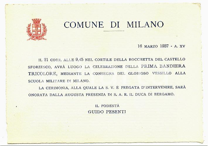1937 MILANO Invito celebrazione Prima bandiera Tricolore *Biglietto 17x12 cm