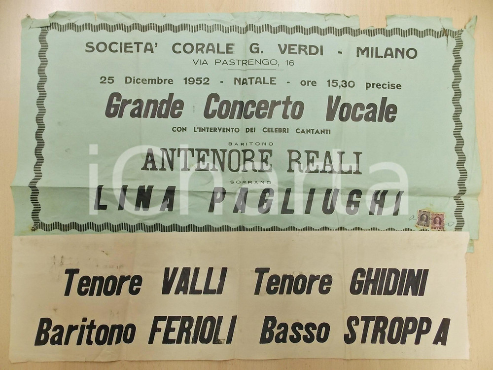 1952 MILANO Concerto Corale VERDI con Antenore REALI e Lina PAGLIUGHI *Manifesto