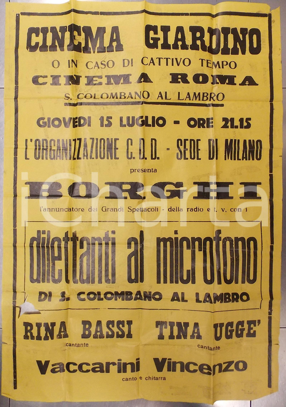 1950 ca SAN COLOMBANO AL LAMBRO Dilettanti al microfono *Manifesto DANNEGGIATO