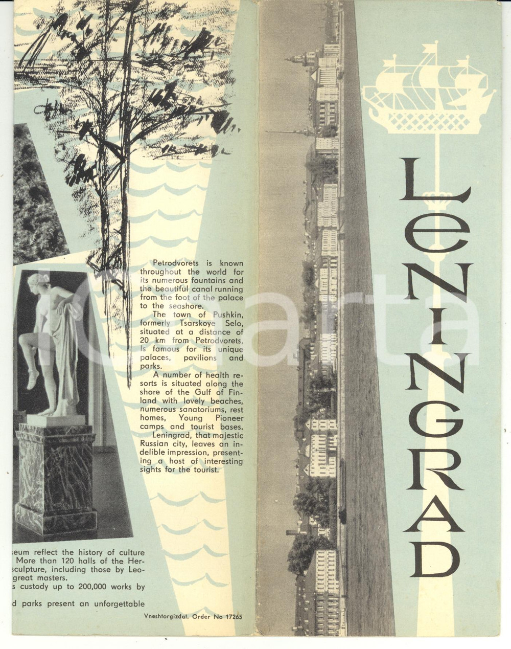 1960 ca LENINGRAD Pieghevole turistico ILLUSTRATO in lingua inglese  Pieghevole turistico d'epoca, in lingua inglese, con illustrazioni b/n. FORMATO: 8x22 cmPAGINE: 16 facciate  CONDIZIONI: G (ma lievi segni d'uso)    originale e autentica 1