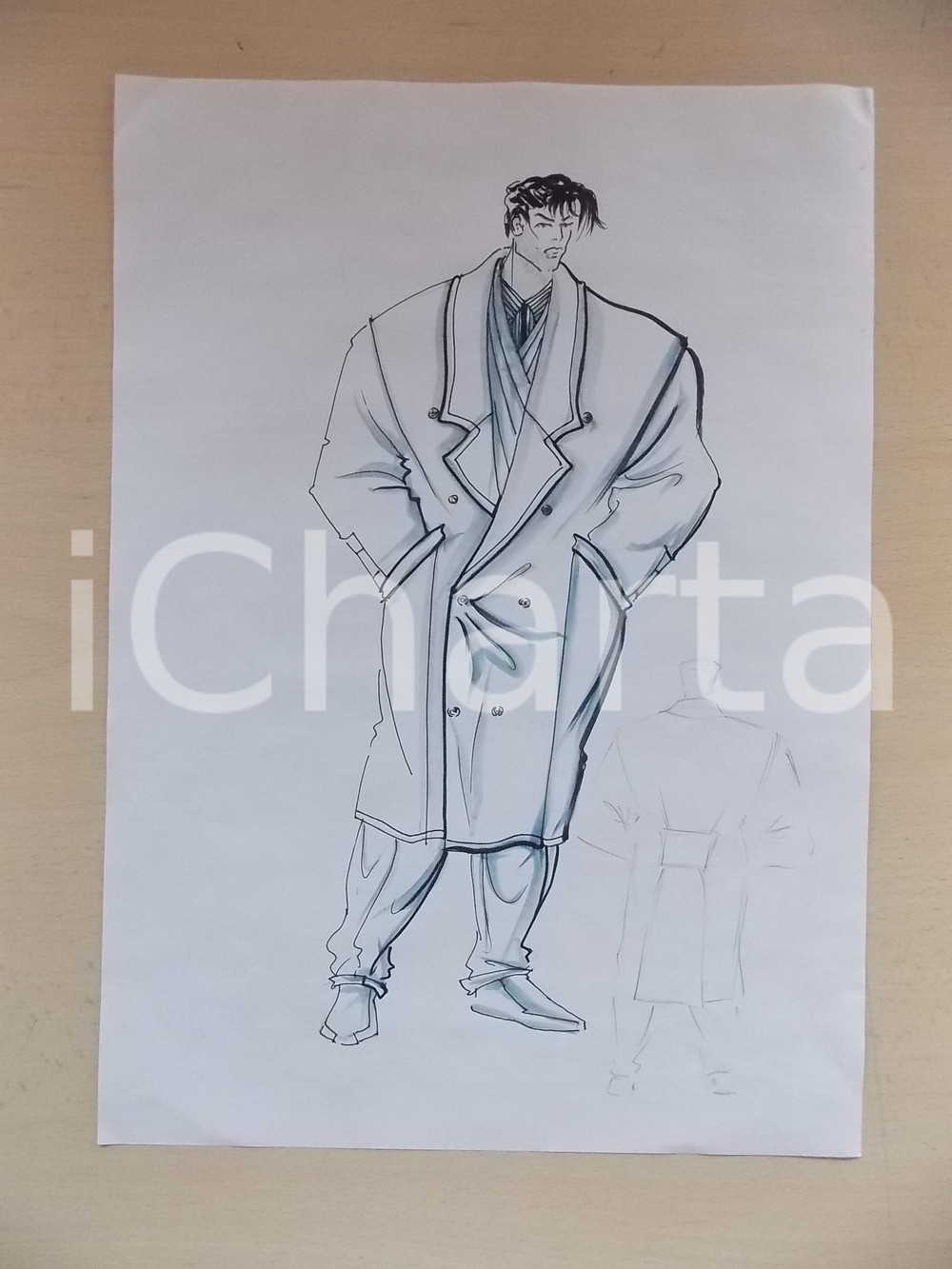 1980 ca MODA UOMO INVERNO Cappotto lungo doppiopetto - Bozzetto 25x35 cm