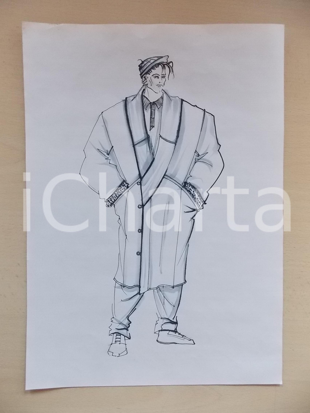 1980 ca MODA UOMO INVERNO Cappotto lungo oversize - Bozzetto 25x35 cm