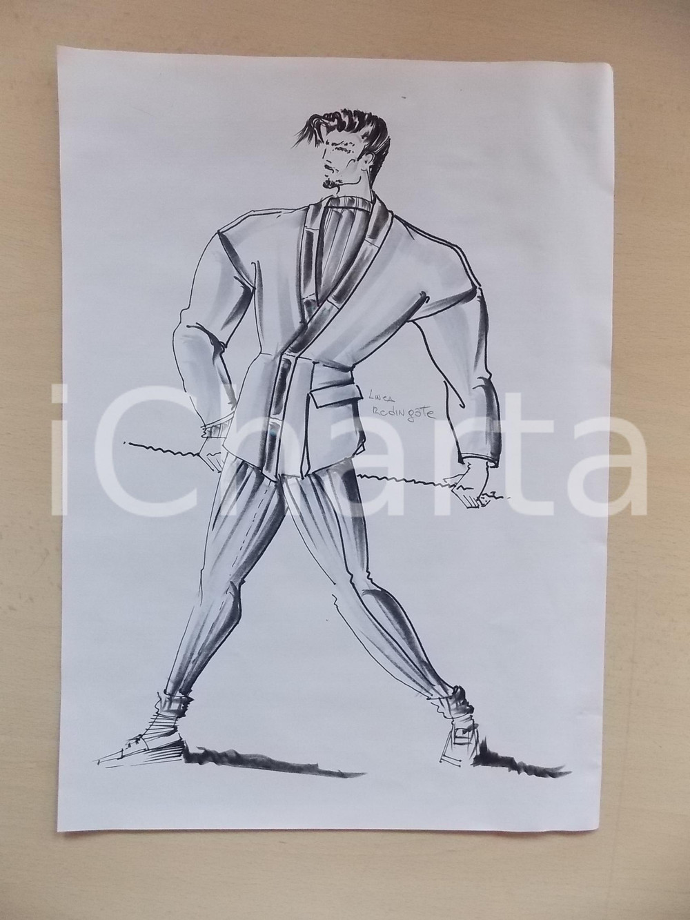 1980 ca MODA UOMO INVERNO Giacca con taglio redingote - Bozzetto 25x35 cm
