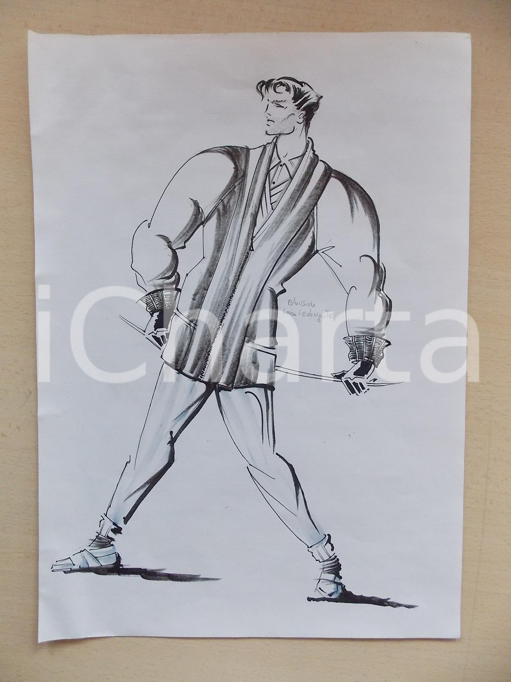 1980 ca MODA UOMO INVERNO Blouson con taglio redingote - Bozzetto 25x35 cm