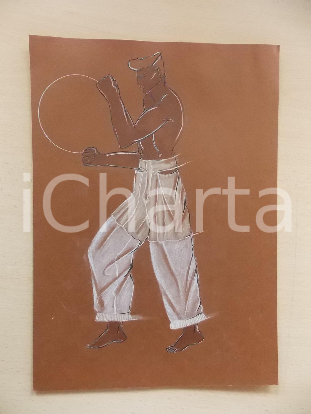 1980 ca MODA UOMO ESTATE Pantalone lungo con maxi tasche - Bozzetto 25x35 cm