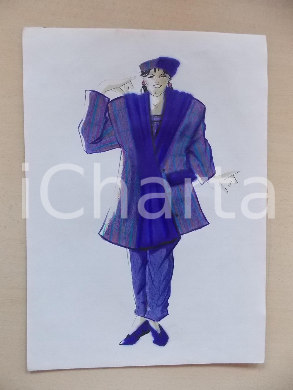 1980 ca MODA DONNA INVERNO Completo cappotto e pantalone morbido *Bozzetto 25x35