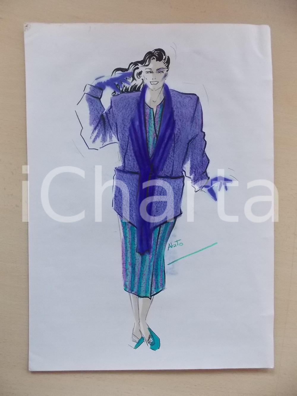 1980 ca MODA DONNA INVERNO Completo cappotto e gonna longuette *Bozzetto 25x35