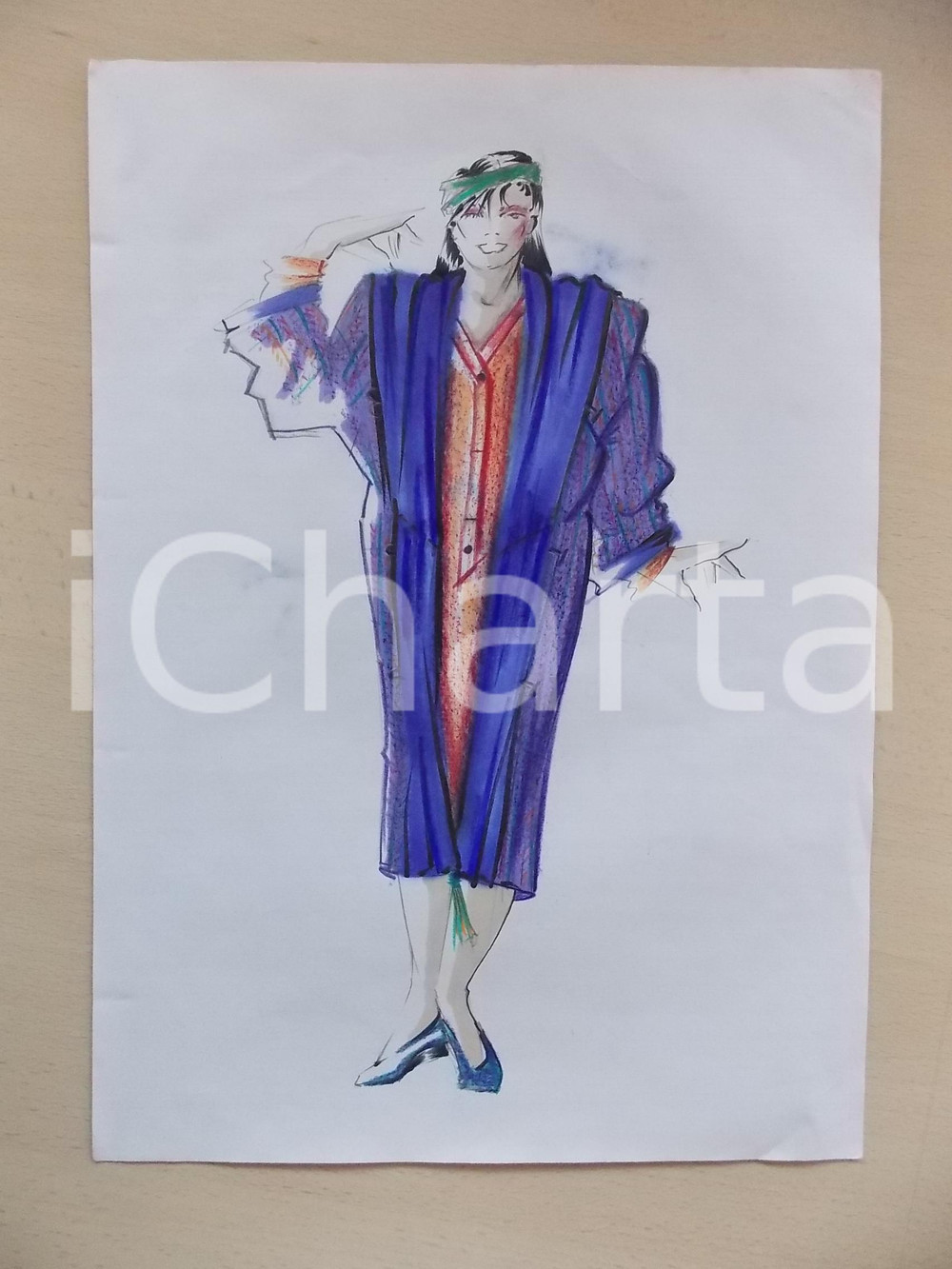 1980 ca MODA DONNA INVERNO Completo abito e mantella con alamari *Bozzetto 25x35