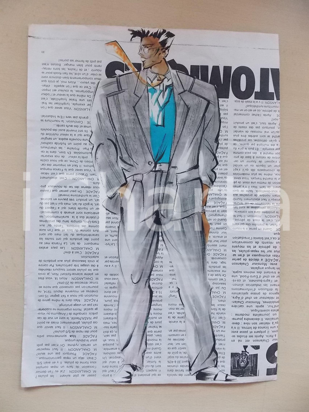 1980 ca MODA UOMO ESTATE Completo con camicia turchese - Bozzetto collage 25x35