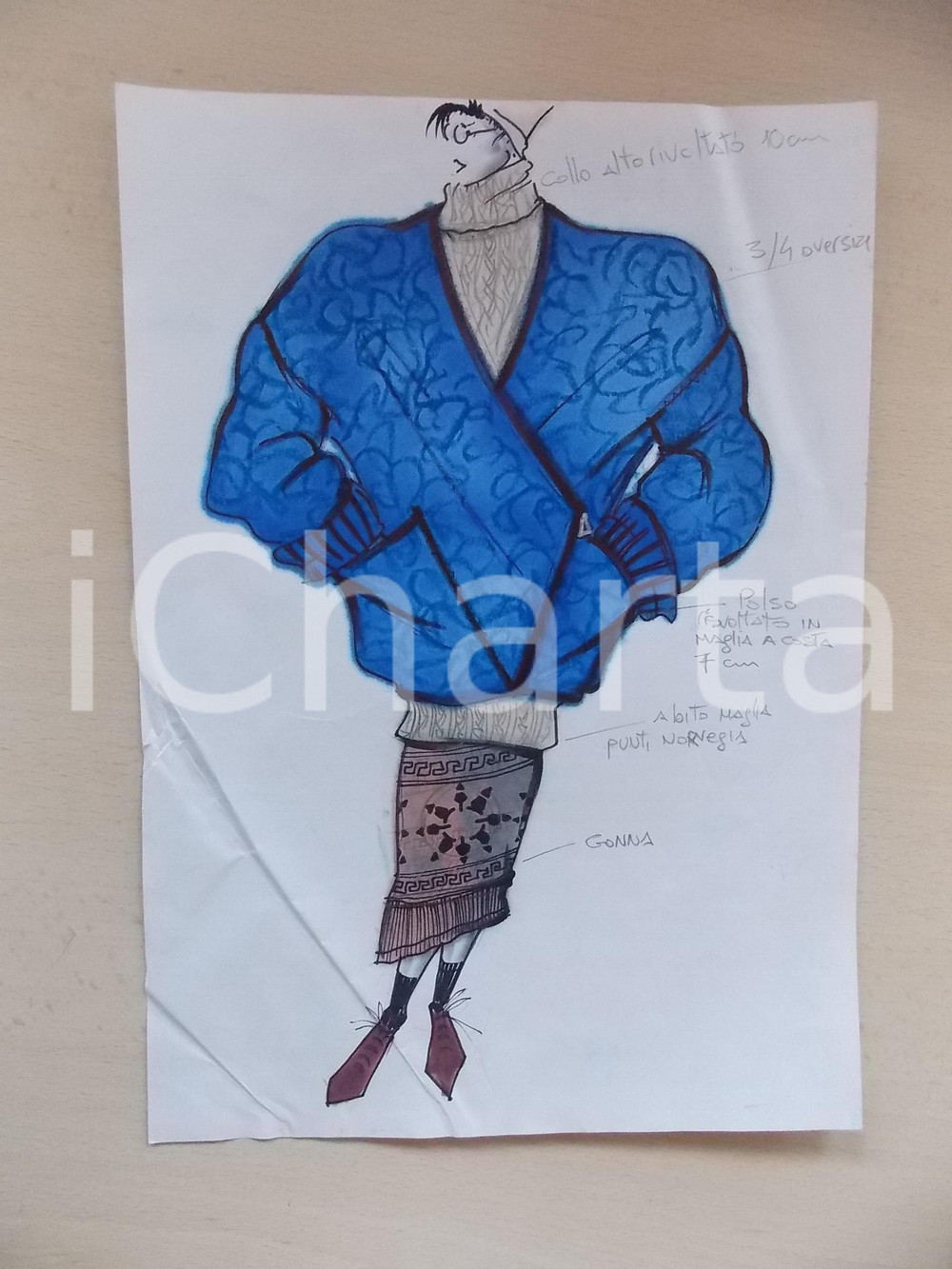 1980 ca MODA DONNA INVERNO Cappotto con abito maglia e gonna *Bozzetto 21x30 cm