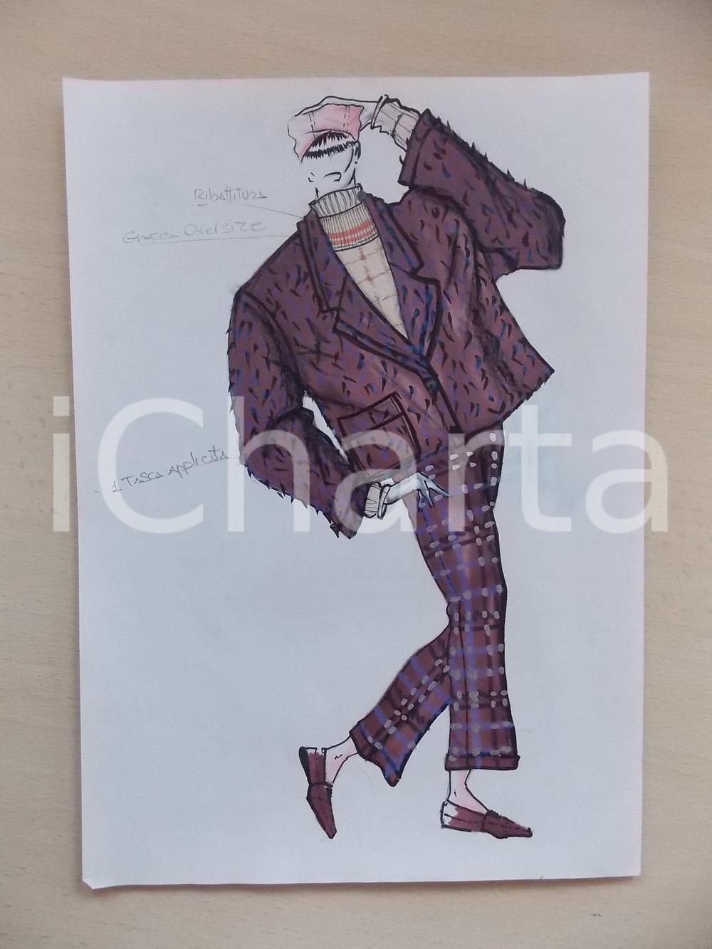 1980 ca MODA DONNA INVERNO Completo pantalone e giacca oversize *Bozzetto 21x30