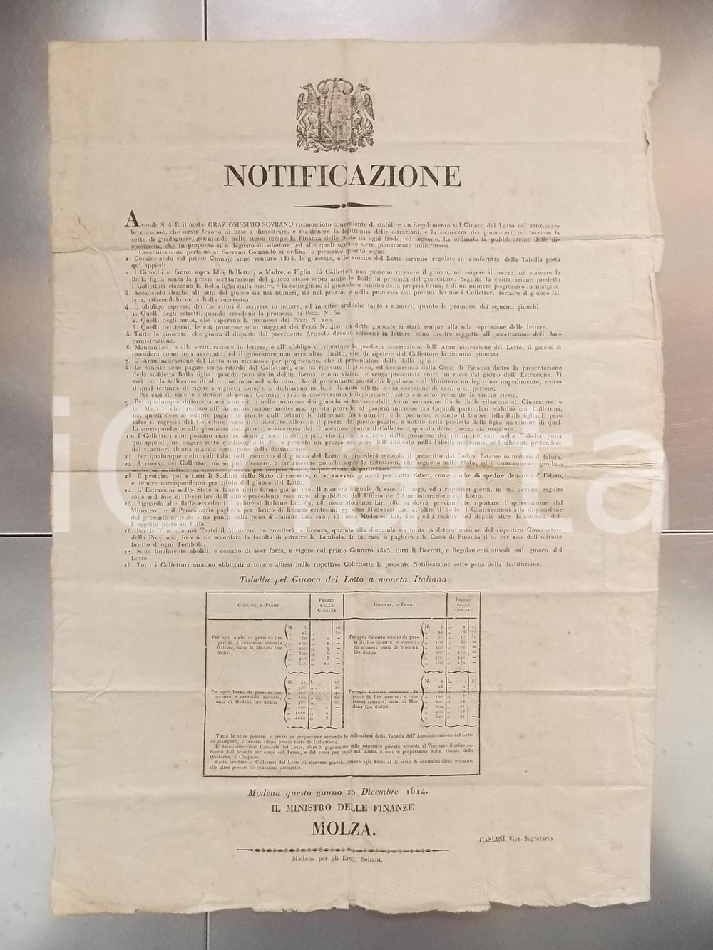 1814 DUCATO DI MODENA Regolamento gioco del lotto a moneta italiana - Manifesto