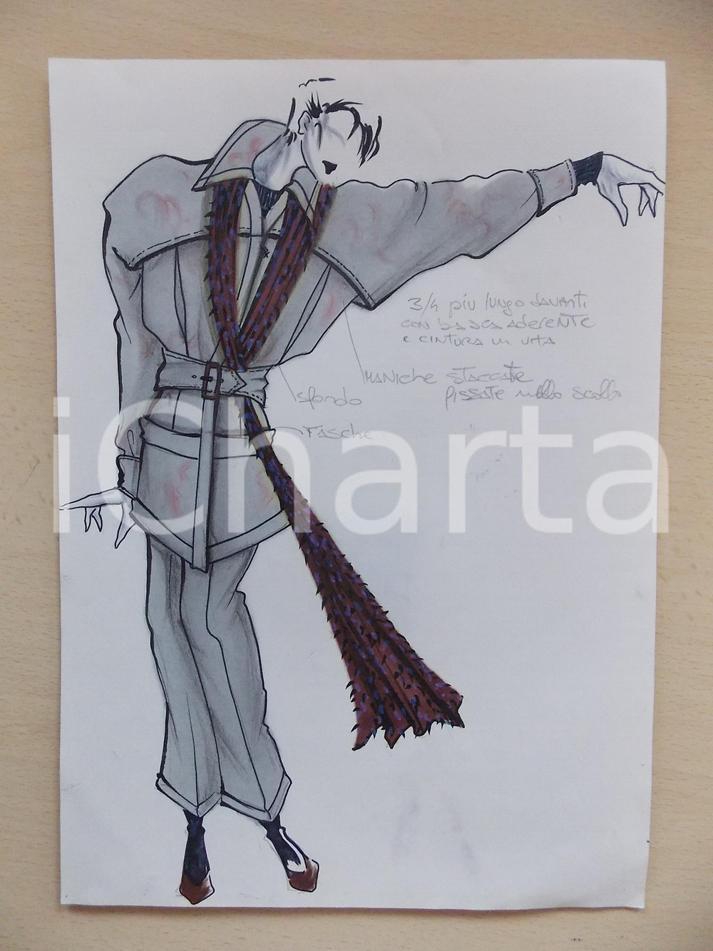 1980 ca MODA DONNA INVERNO Completo cappotto trench e pantalone *Bozzetto 21x30