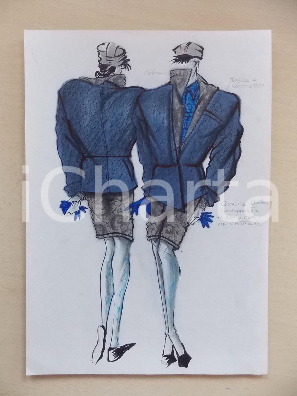 1980 ca MODA DONNA INVERNO Completo giacca con abito a zip  - Bozzetto 21x30 cm