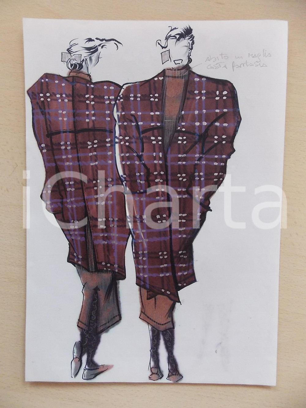 1980 ca MODA DONNA INVERNO Completo giacca oversize e abito maglia - Bozzetto 