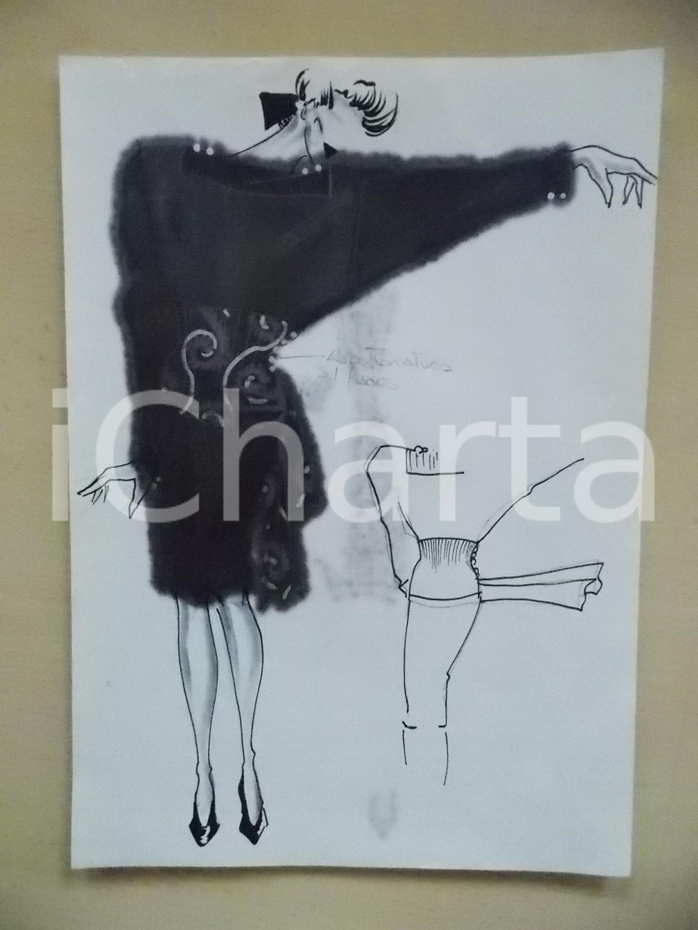 1980 ca MODA DONNA INVERNO Abito con cintura alta e bottoni - Bozzetto 21x30 cm