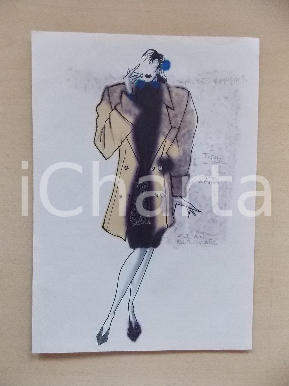 1980 ca MODA DONNA INVERNO Soprabito doppiopetto e abito paillettes - Bozzetto 