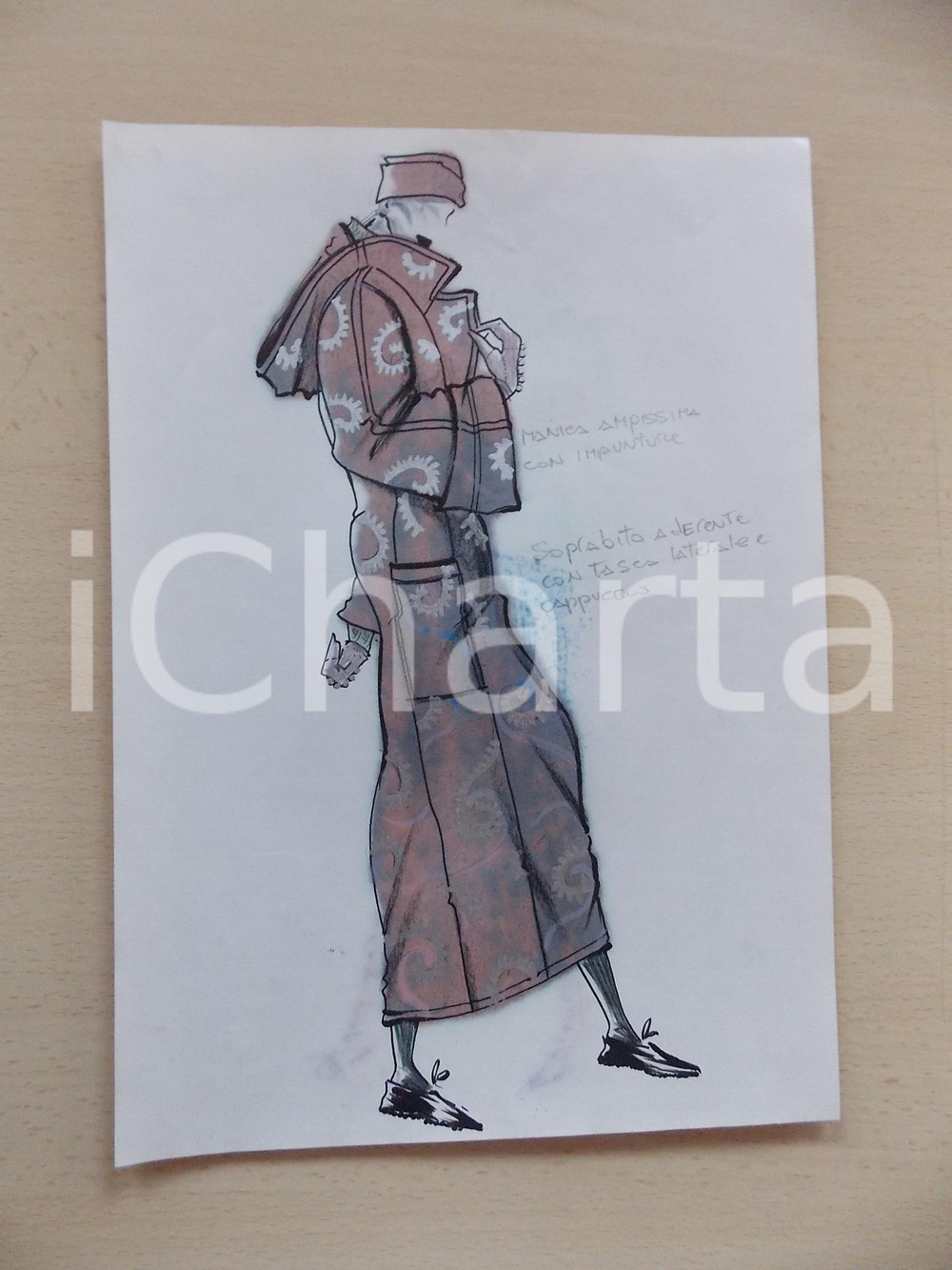 1980 ca MODA DONNA INVERNO Soprabito aderente con cappuccio - Bozzetto 21x30 cm