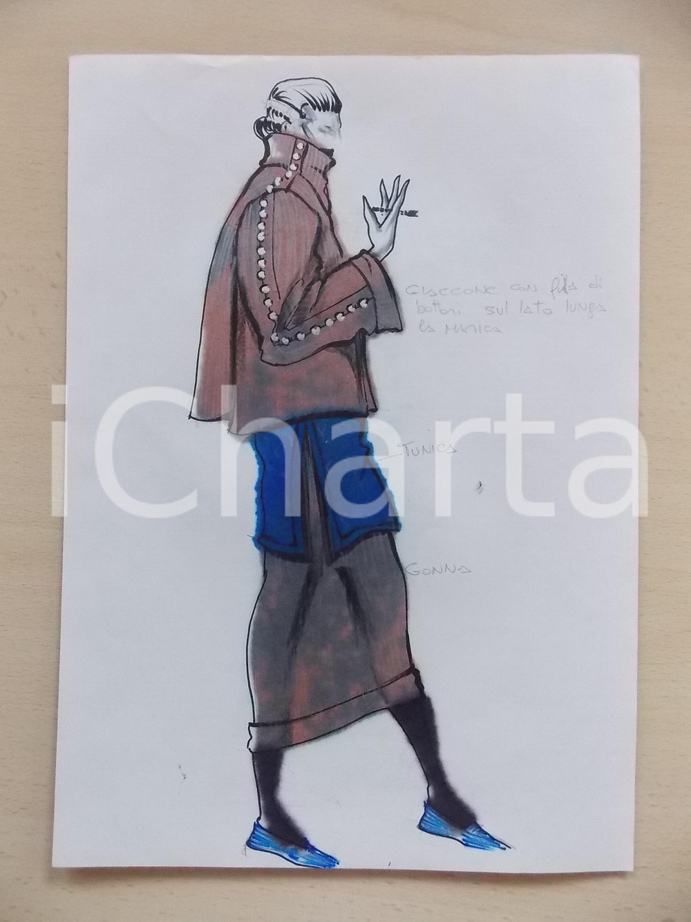 1980 ca MODA DONNA INVERNO Giaccone con bottoni e tunica su gonna - Bozzetto 