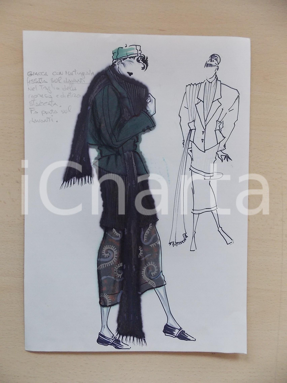 1980 ca MODA DONNA INVERNO Giacca con mantiglia e gonna lunga - Bozzetto 21x30 