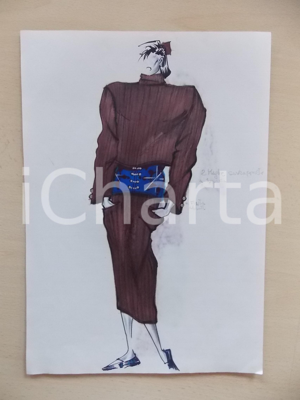 1980 ca MODA DONNA INVERNO Completo doppia maglia e cintura alta - Bozzetto 