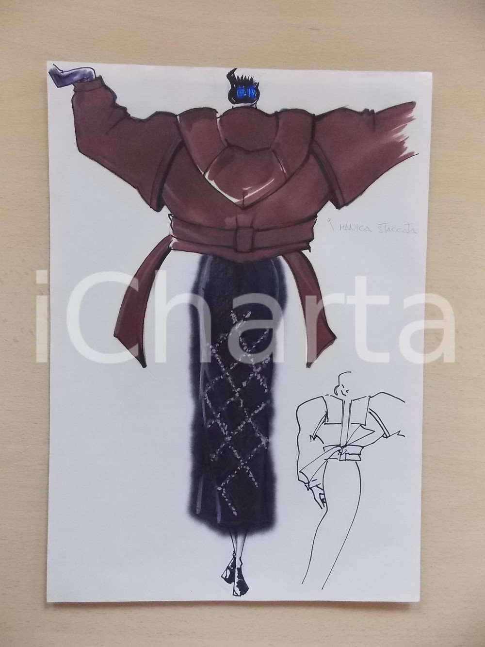 1980 ca MODA DONNA INVERNO Giaccone con cappuccio e abito lungo - Bozzetto 21x30