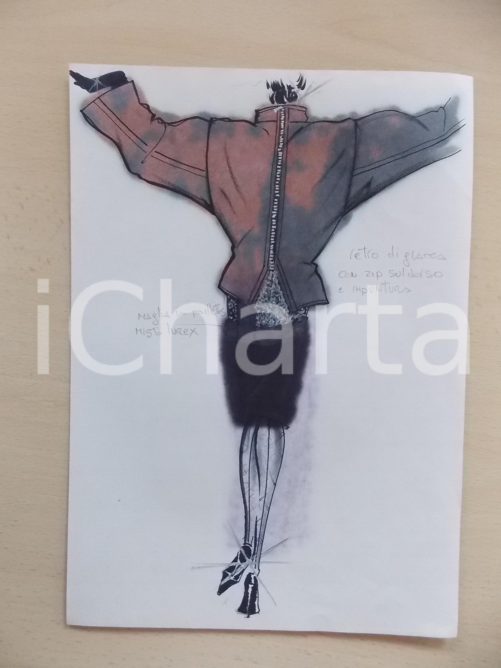 1980 ca MODA DONNA INVERNO Cappotto con zip dorso e abito paillettes - Bozzetto 