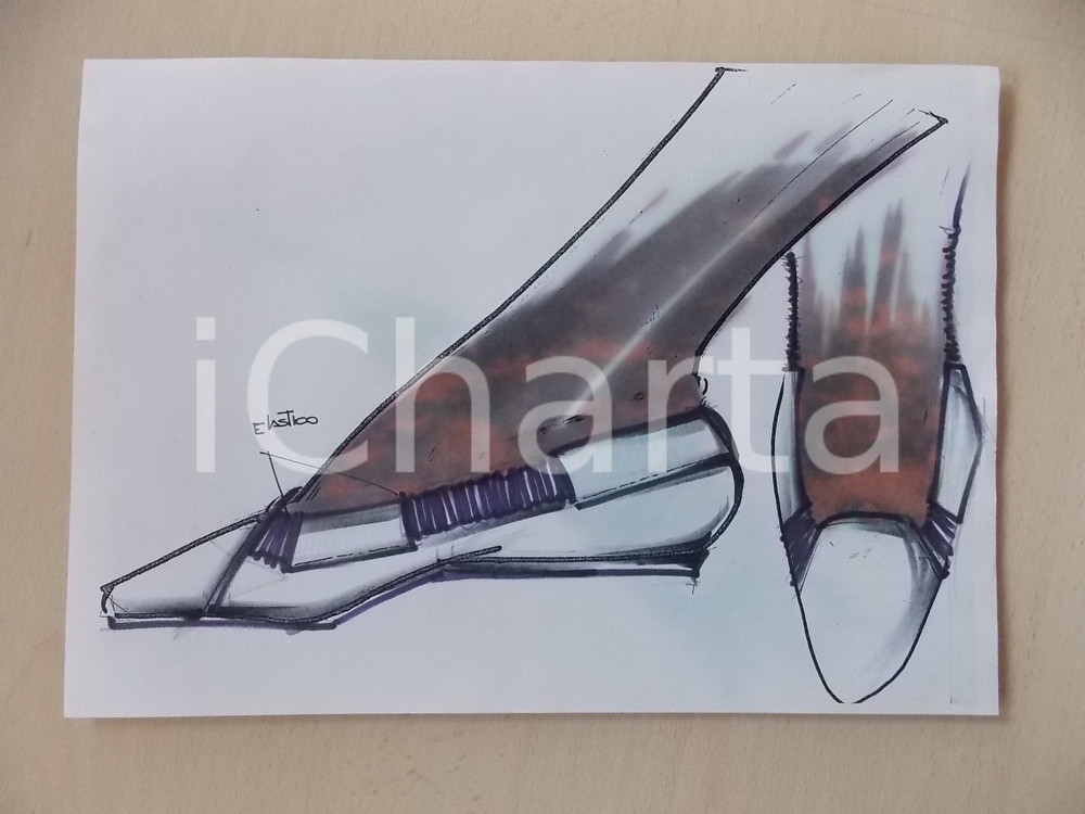 1980 ca MODA DONNA ESTATE CALZATURE Scarpa bassa con elastico - Bozzetto 30x21