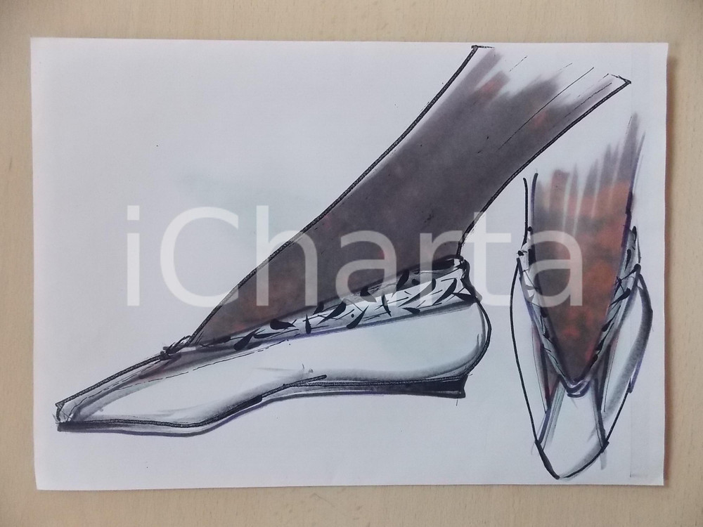 1980 ca MODA DONNA ESTATE CALZATURE Scarpa bassa bordo decorato  *Bozzetto 30x21