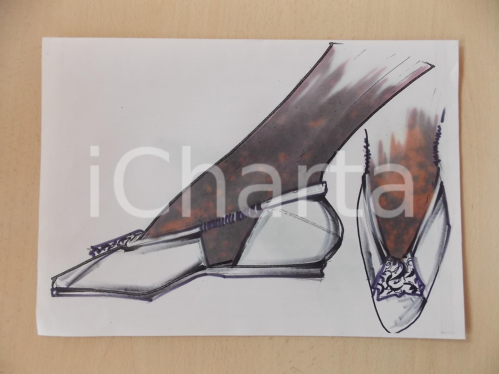 1980 ca MODA DONNA ESTATE CALZATURE Scarpa bassa con cut-out - Bozzetto 30x21