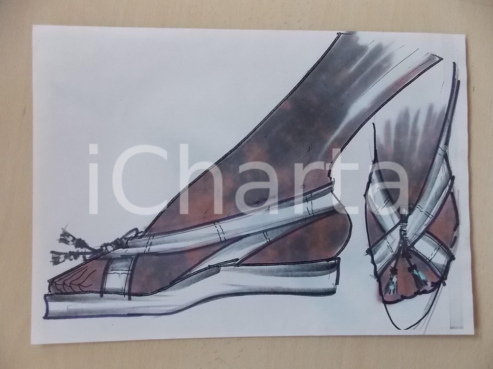 1980 ca MODA DONNA ESTATE CALZATURE Sandalo infradito con nappe - Bozzetto 30x21