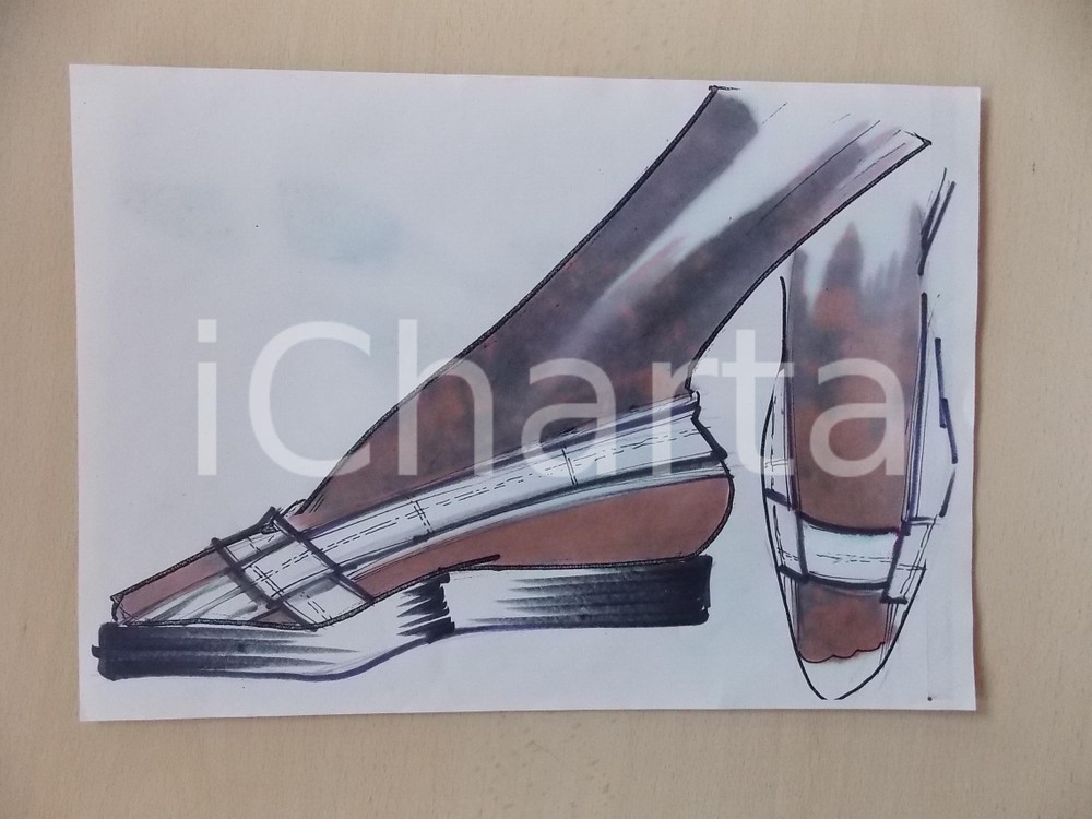 1980 ca MODA DONNA ESTATE CALZATURE Sandalo basso slingback - Bozzetto 30x21 cm