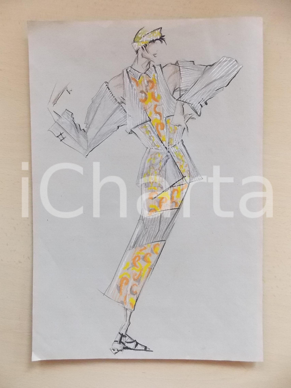 1980 ca MODA DONNA ESTATE Completo da sera con abito lungo - Bozzetto 22x32 cm