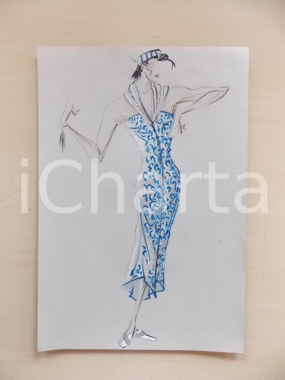 1980 ca MODA DONNA ESTATE Completo da sera in fantasia blu - Bozzetto 22x32 cm