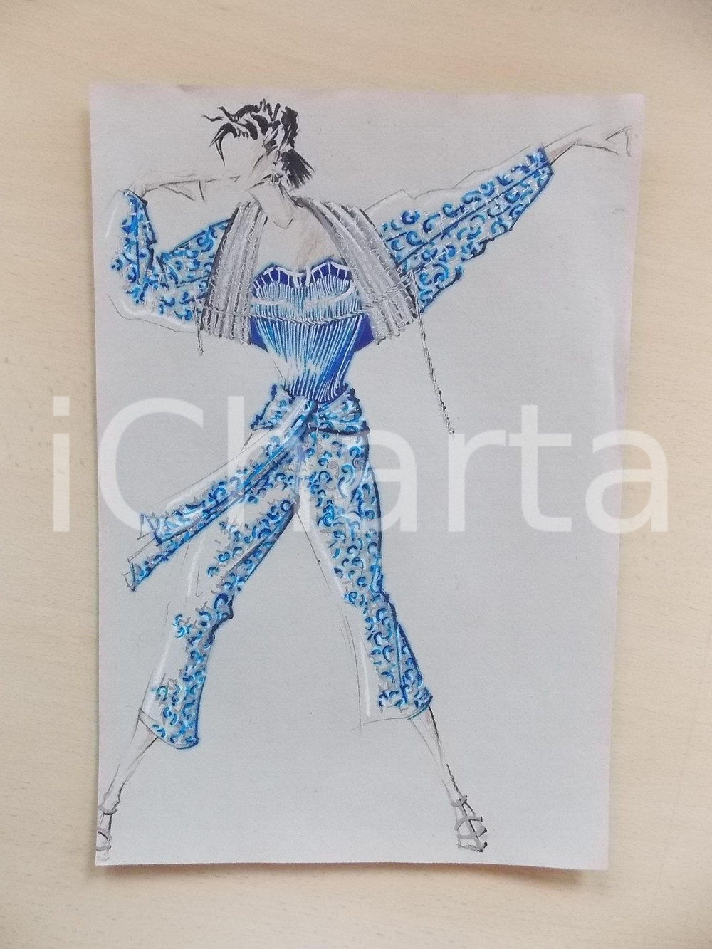 1980 ca MODA DONNA ESTATE Completo da sera blu con bolero - Bozzetto 22x32 cm