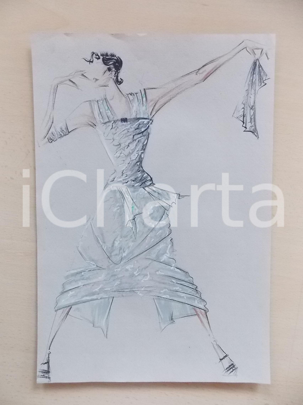 1980 ca MODA DONNA ESTATE Abito da sera grigio lungo - Bozzetto 22x32 cm