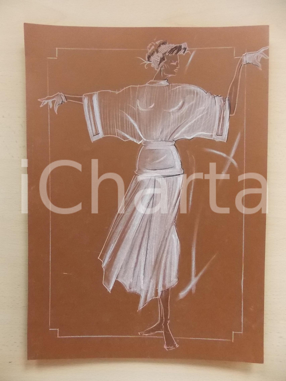 1980 ca MODA DONNA ESTATE Abito lungo con maniche ampie - Bozzetto 25x35 cm