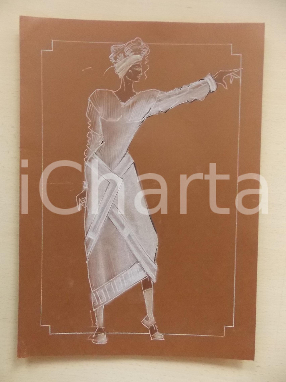 1980 ca MODA DONNA ESTATE Abito lungo con motivo geometrico - Bozzetto 25x35 cm