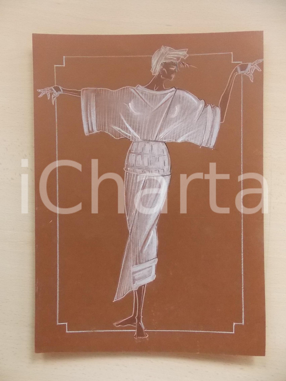 1980 ca MODA DONNA ESTATE Abito lungo con maniche ampie - Bozzetto 25x35