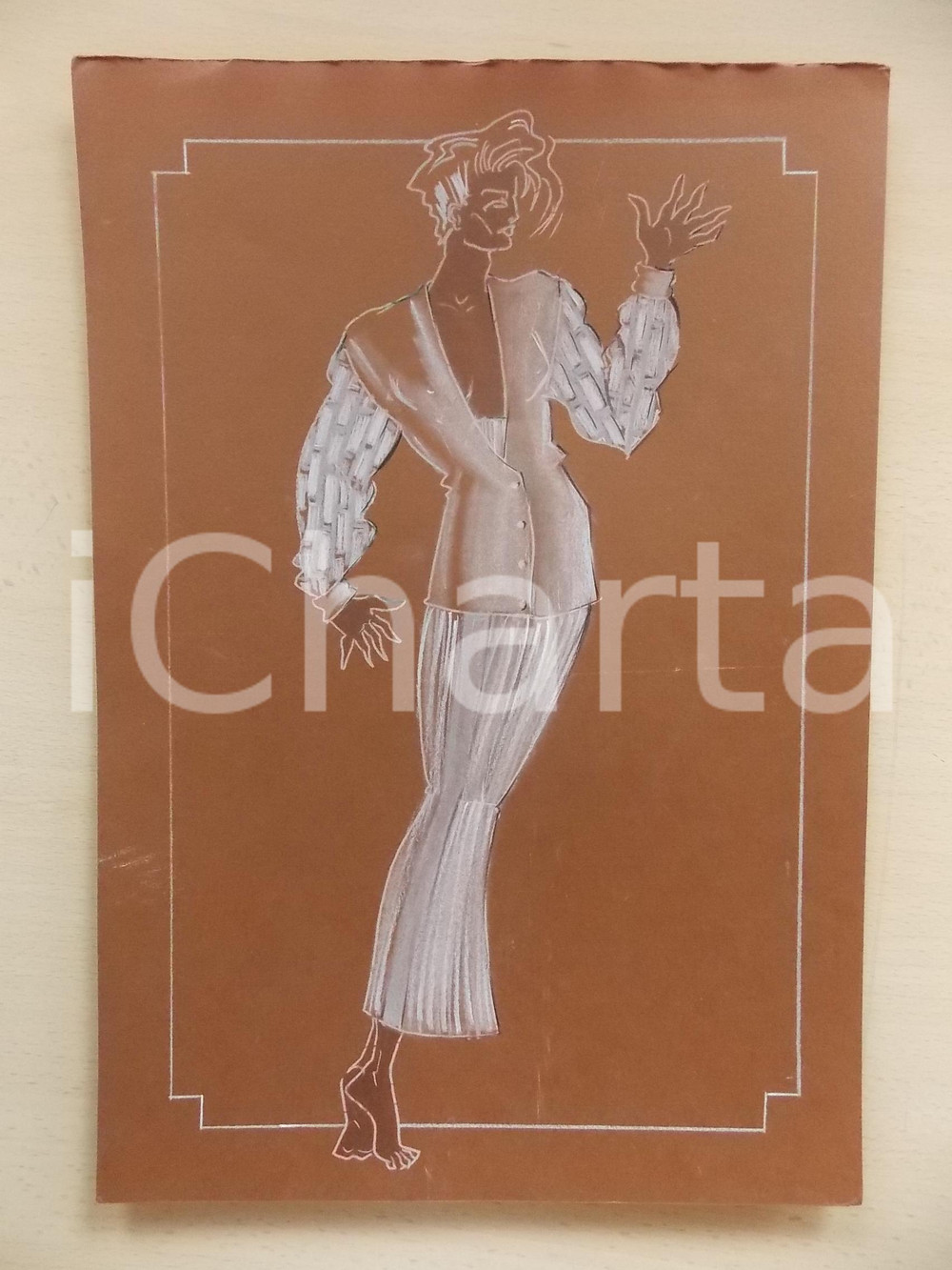 1980 ca MODA DONNA ESTATE Completo da sera con gilet - Bozzetto 25x35 cm
