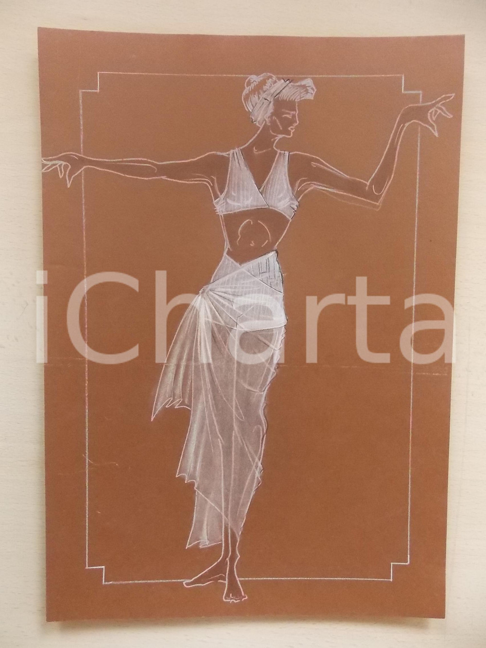1980 ca MODA DONNA ESTATE Completo da spiaggia con pareo - Bozzetto 25x35 cm