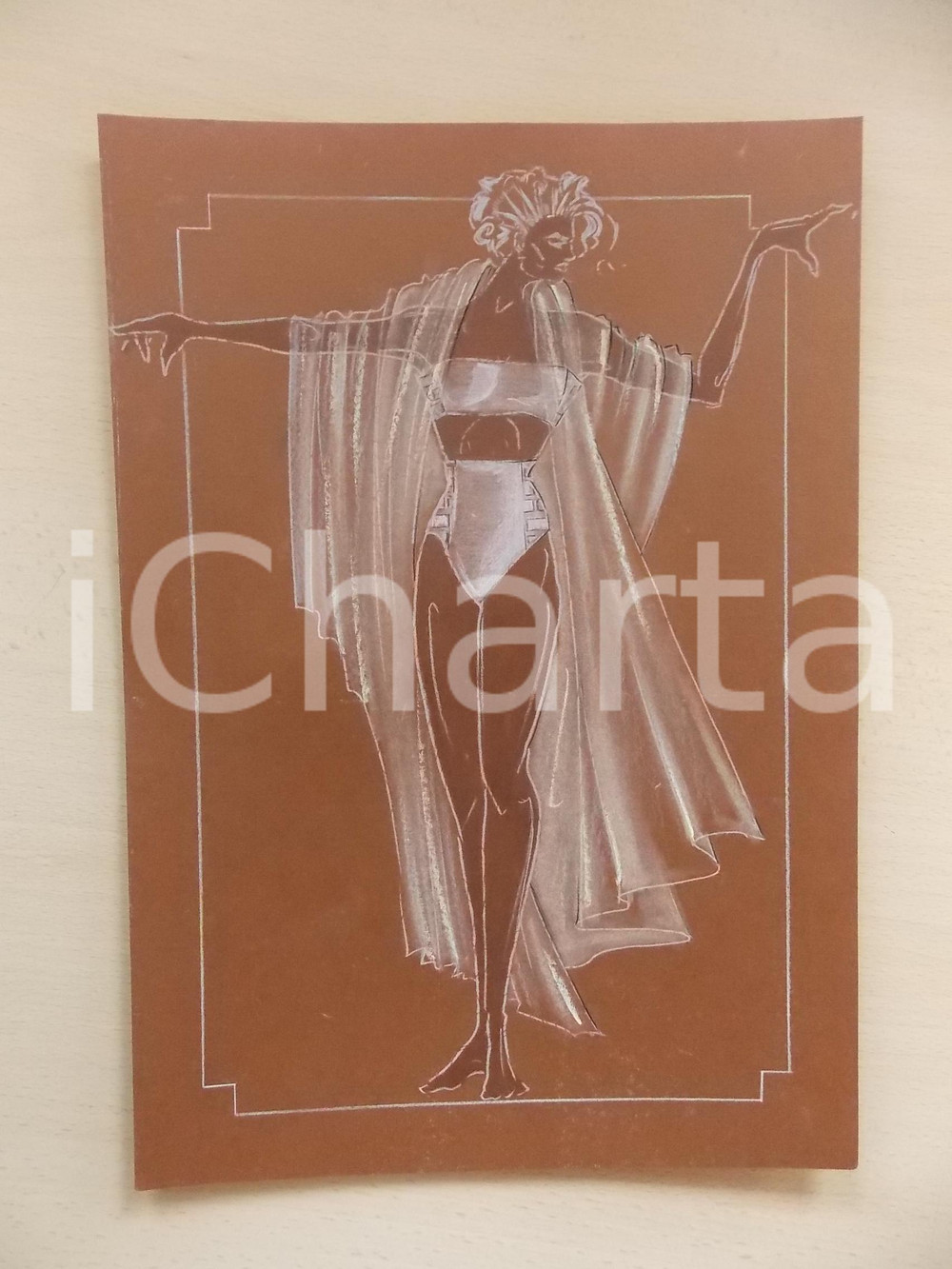 1980 ca MODA DONNA MARE Bikini a fascia con pareo - Bozzetto 25x35 cm