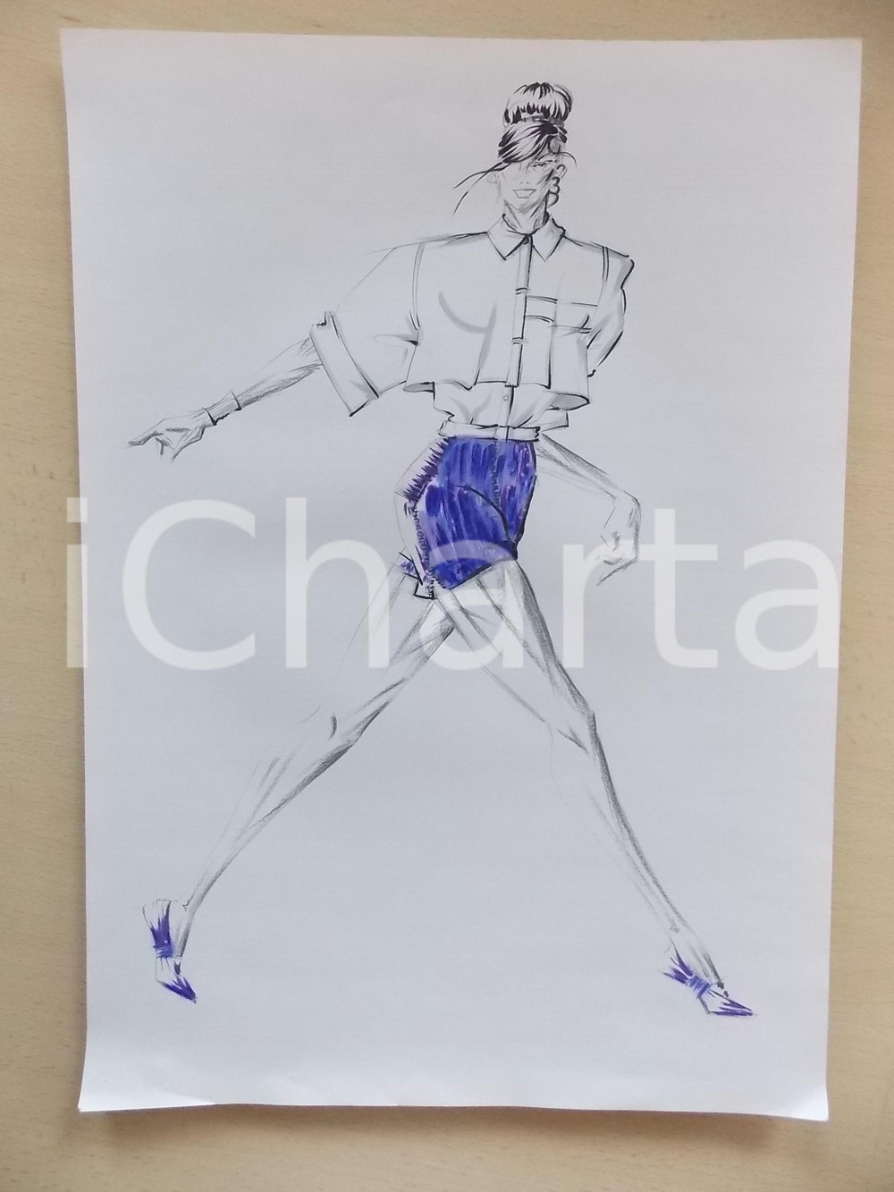 1980 ca MODA DONNA ESTATE Completo con camicia e shorts viola - Bozzetto 25x35
