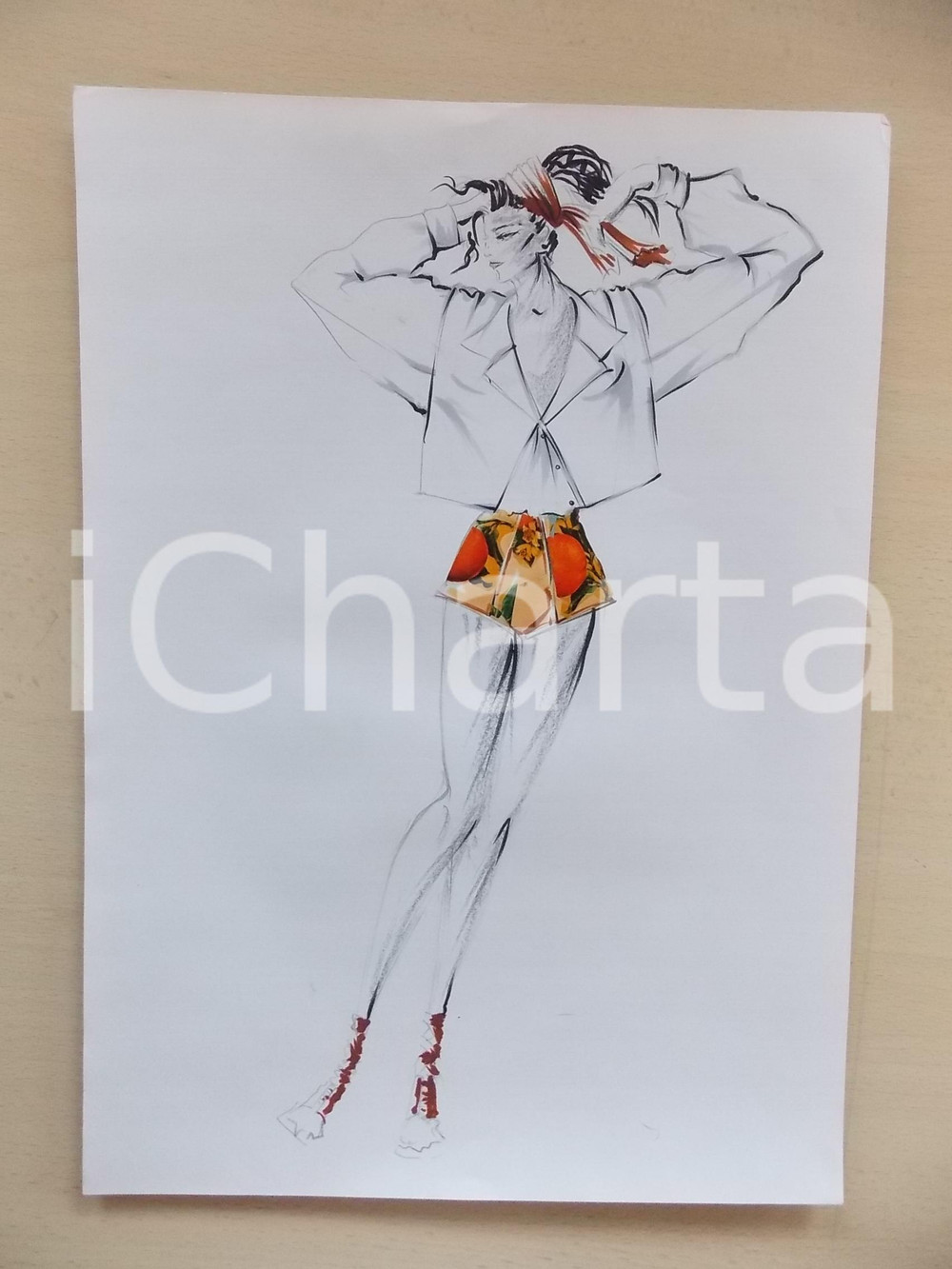 1980 ca MODA DONNA ESTATE Completo casacca e pantaloncini fantasia - Bozzetto