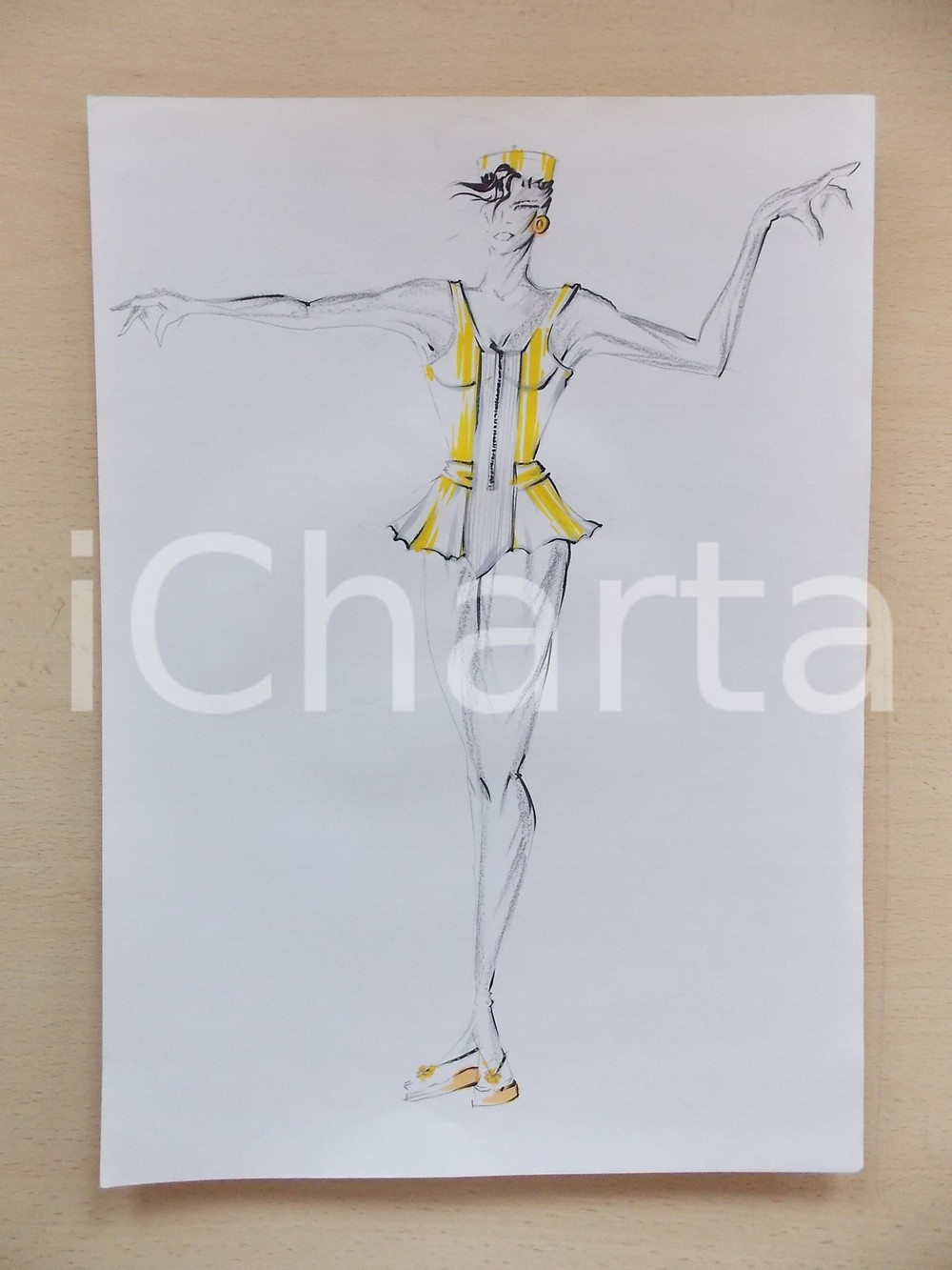 1980 ca MODA DONNA MARE Costume intero giallo con volant - Bozzetto 25x35 cm