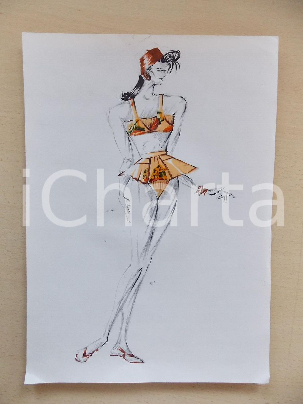 1980 ca MODA DONNA MARE Modello bikini con volant stampato - Bozzetto 25x35 cm