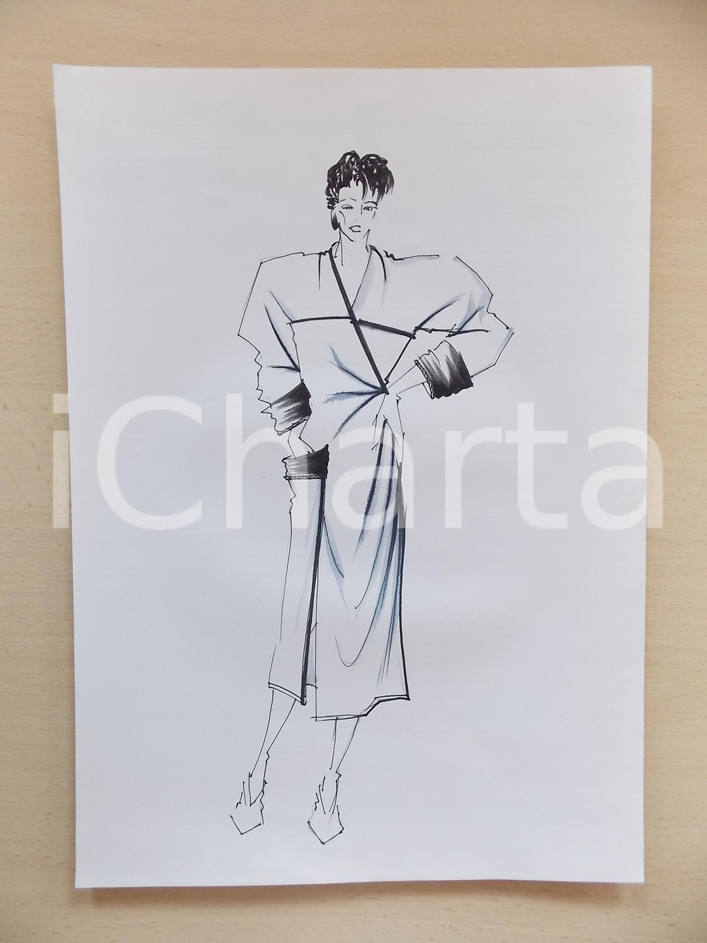 1980 ca MODA DONNA INVERNO Abito lungo a portafoglio - Bozzetto 25x35 cm