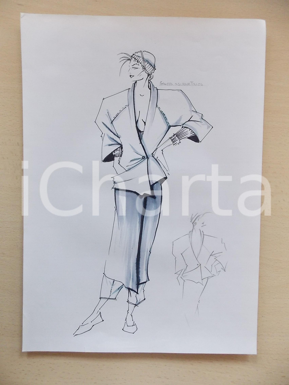 1980 ca MODA DONNA INVERNO Completo con giacca monobottone - Bozzetto 25x35 cm
